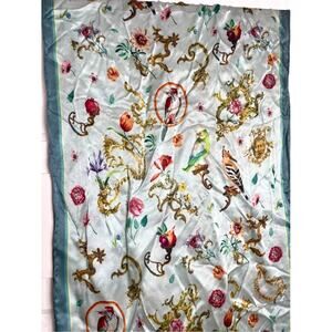 Satin Floral Bird Scarf Ice Blue Coquette Enchanting Rectangle Wrap Neck Scarf